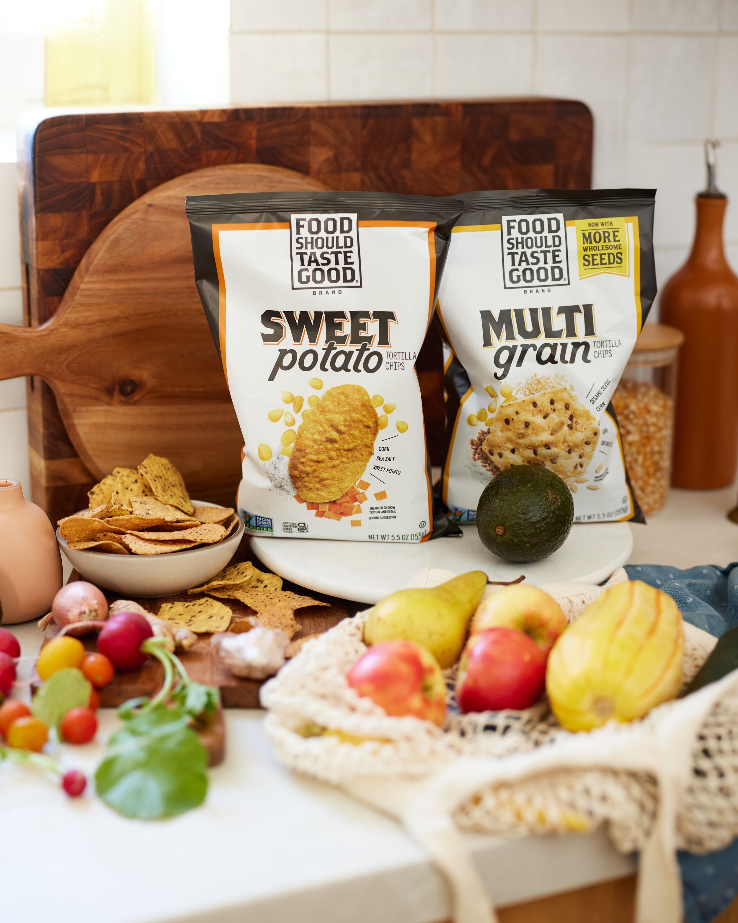 Bags of Food Should Taste Good Tortilla Chips on a counter